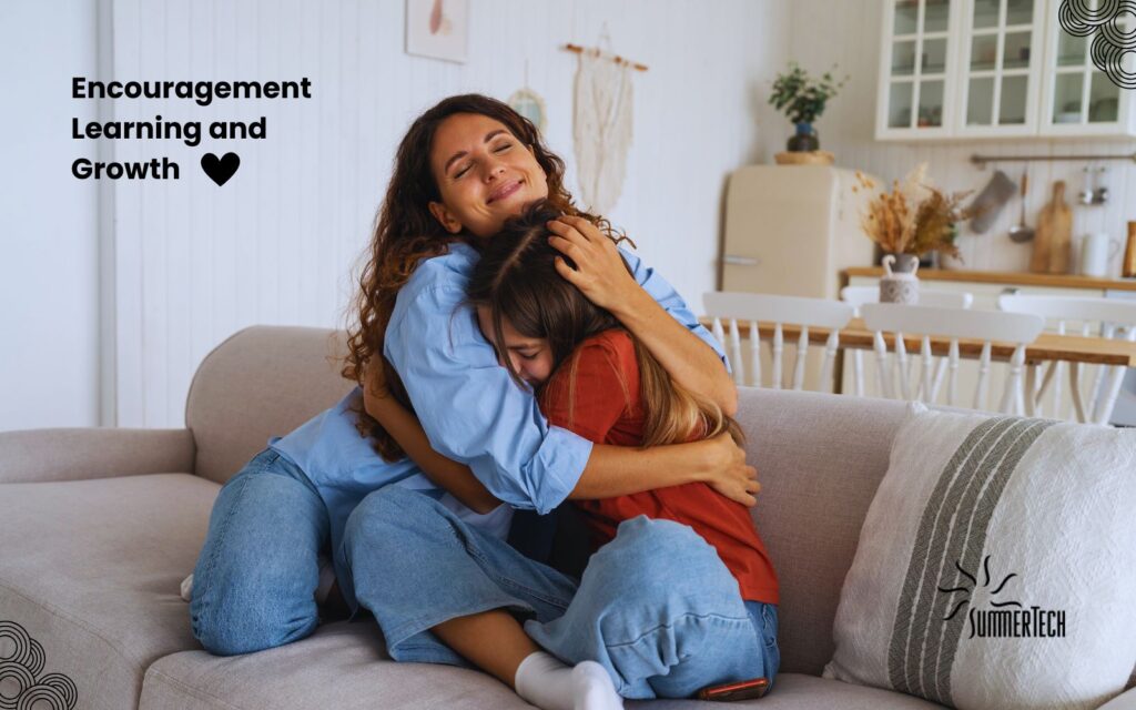 A woman and a girl are embracing on a couch. The image conveys encouragement, learning, and growth. The setting is a cozy living room.