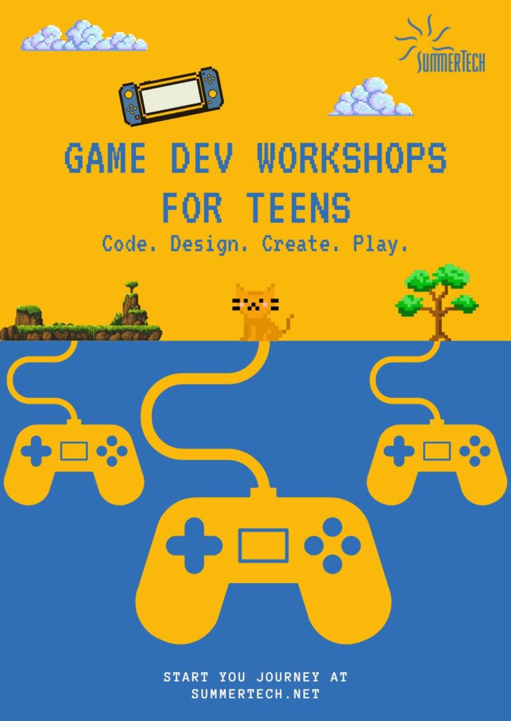 Game dev workshop ad for teens. Includes pixel art of a console, islands, a cat, a tree, and controllers. The text reads, "Game Dev Workshops for Teens. Code. Design. Create. Play.". this is a part of best trips ideas for teen tech edition