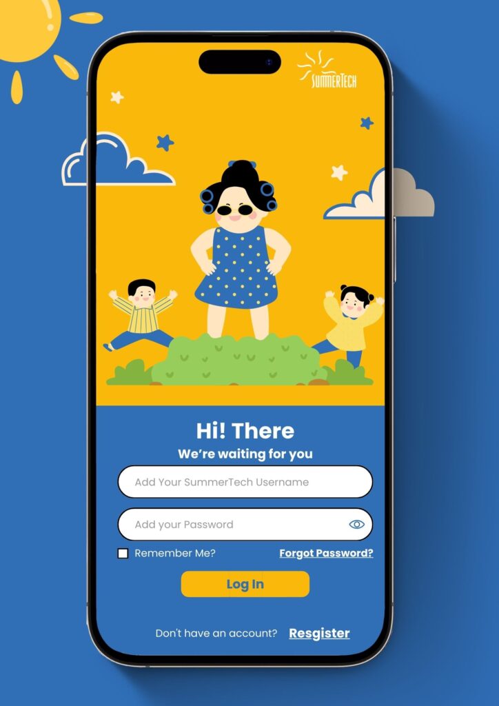 Login screen with cartoon figures of children and a woman with curlers in her hair on a yellow background with stars and clouds, part of a summer learning program for teens to learn mobile app development.