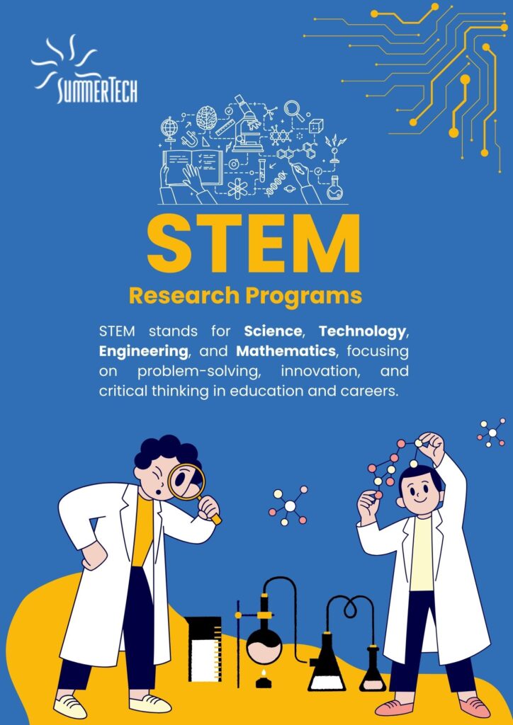 STEM research programs advertisement. Two cartoon scientists in lab coats, with beakers, molecules, and STEM definition text.