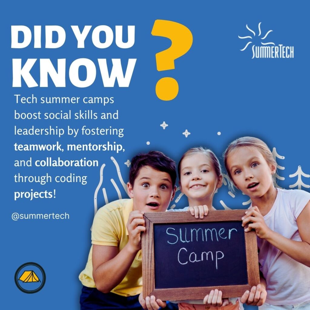 Three children holding a chalkboard that reads "Summer Camp" on a blue background. The text "Did You Know?" is at the top with information about tech summer camps.