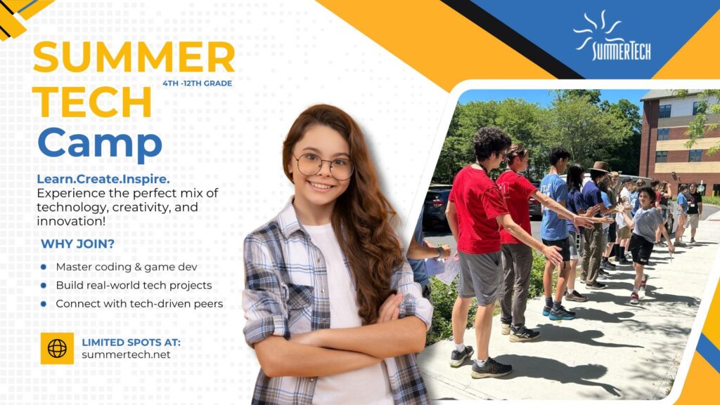 Summer Tech Camp advertisement for grades 4-12. Features a smiling teen and a group of students giving high-fives, and promotes coding, game development and building projects.