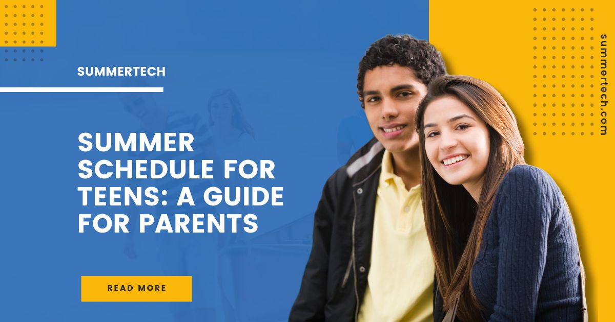 Summer schedule guide ad for teens. Displays two smiling teens. The text reads "Summer Schedule for Teens: A Guide for Parents," and there is a "Read More" button.