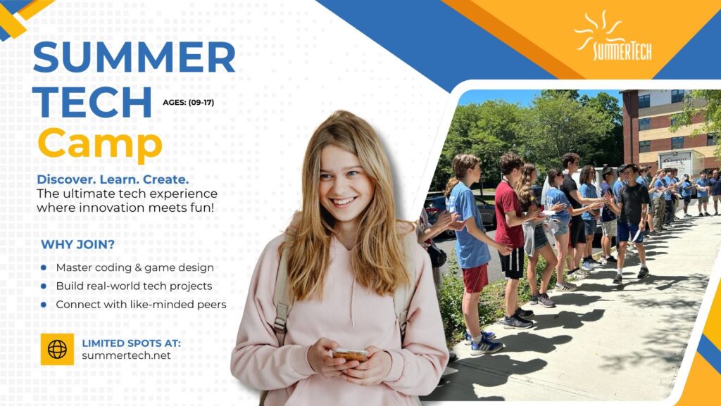 Summer Tech Camp advertisement featuring a smiling girl with a phone and a group of teens high-fiving. Summertech promotes coding, game design, and real-world tech projects.