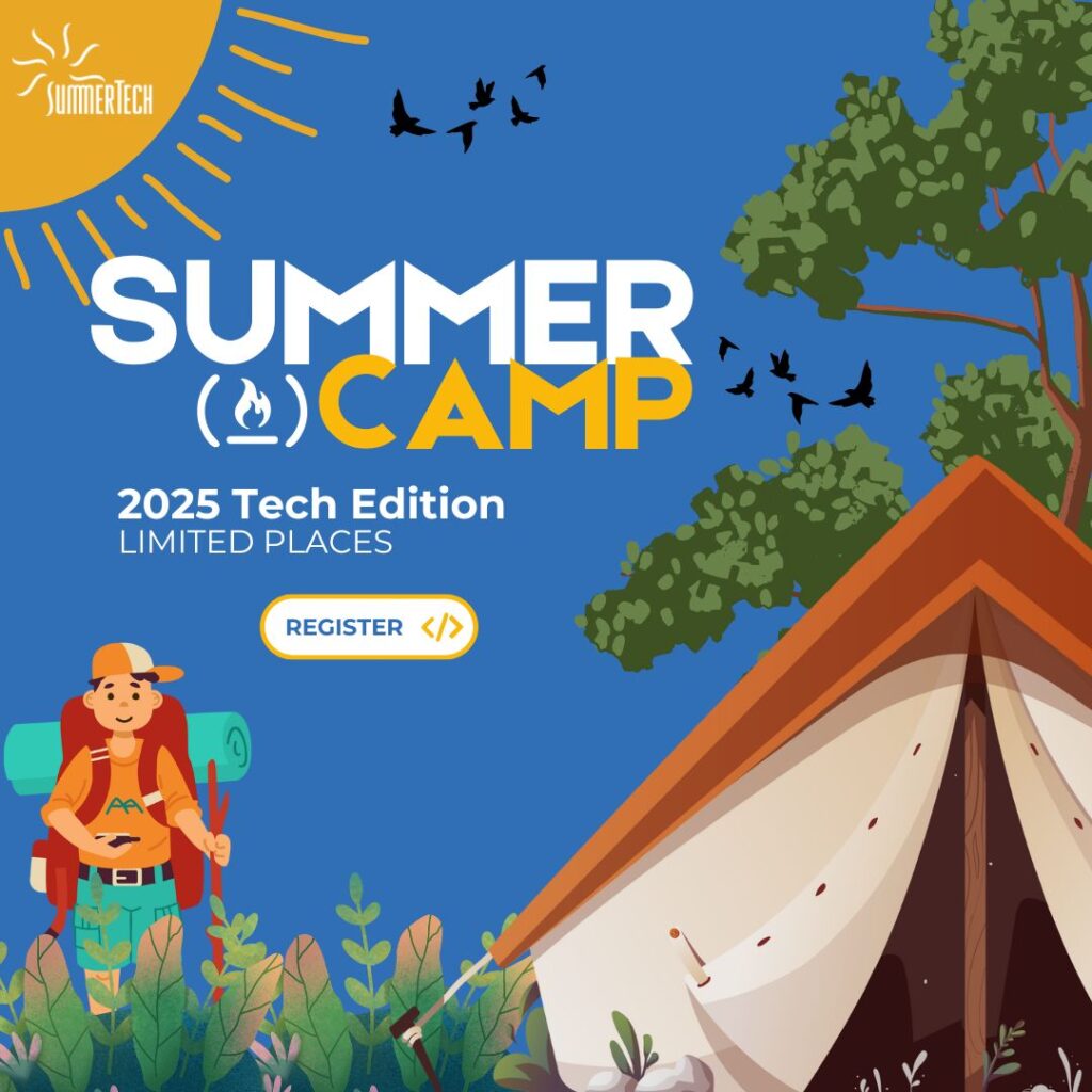 Summer camp advertisement with cartoon hiker, tent, trees, and birds. Text reads "Summer Camp 2025 Tech Edition Limited Places." A "Register" button is visible.