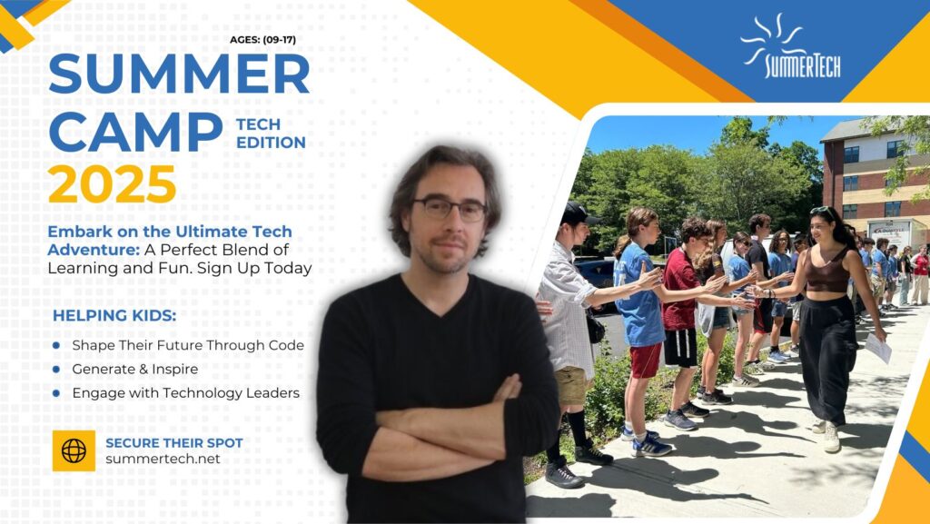 Advertisement for Summer Camp 2025 Tech Edition. Features text, a photo of kids high-fiving, and the founder Mr. Steven Fink with crossed arms.