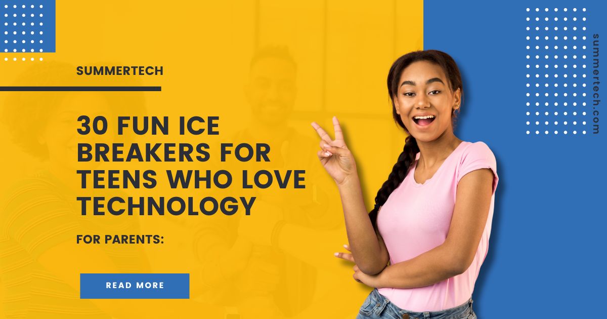 Banner image promoting 30 fun ice breakers for teens who love technology. Features a cheerful teen making a peace sign, inviting parents to read more and discover engaging activities for their technologically inclined children.