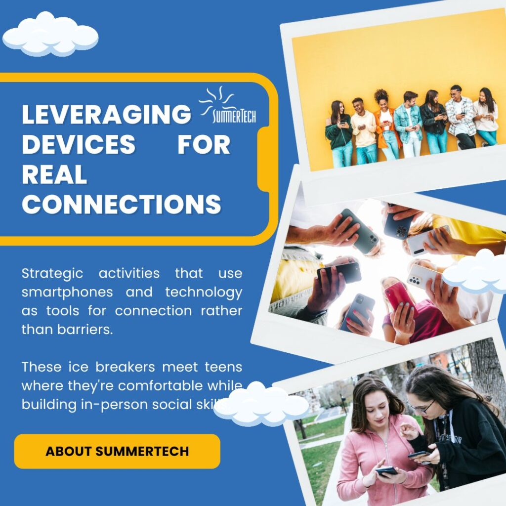 Graphic showcasing the concept of leveraging devices for real connections with ice breakers for teens idea. Features images of teens using smartphones to connect and build social skills, emphasizing how technology can be used as a tool for connection rather than a barrier.