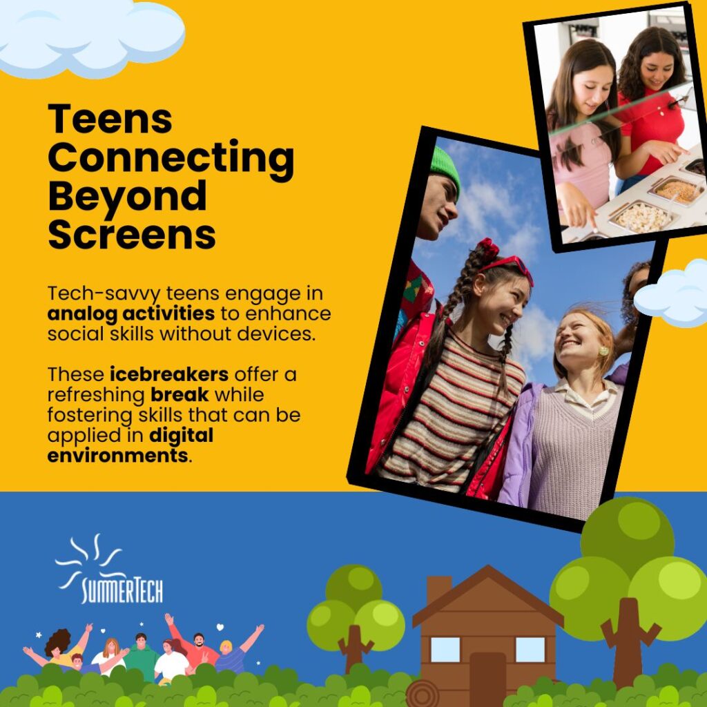 Image graphic for Ice Breakers for teens, featuring images of teenagers enjoying analog activities without devices. The image emphasizes teens connecting beyond screens to enhance social skills, offering a refreshing break that also fosters skills applicable in digital environments.