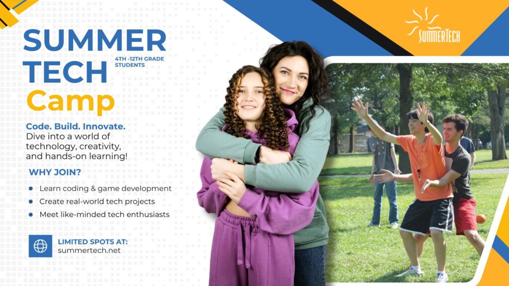 summer tech camp for 4th-12th grade students. The image shows a mother and daughter smiling together, with a group of students playing in the background. The text encourages kids to code, build, and innovate in a world of technology, creativity, and hands-on learning.